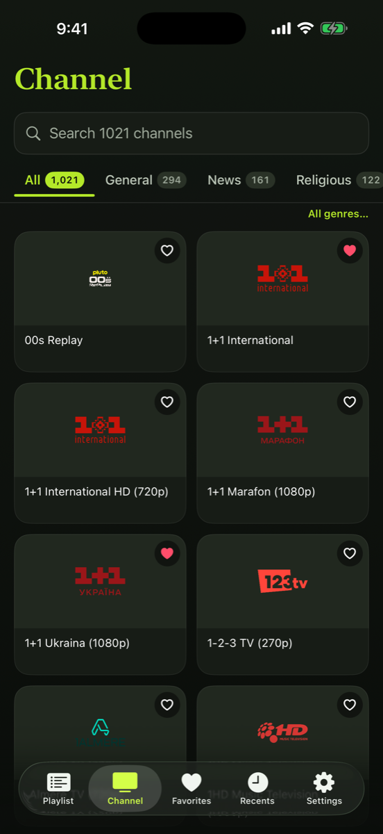 Channel tab with category tabs and a grid of channel logos.
