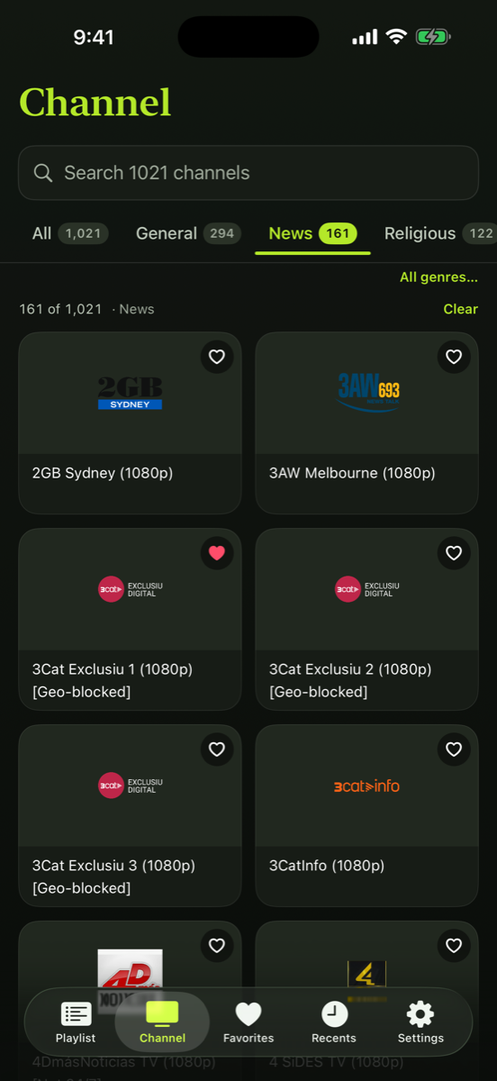 The News category selected, filtering the channel list.