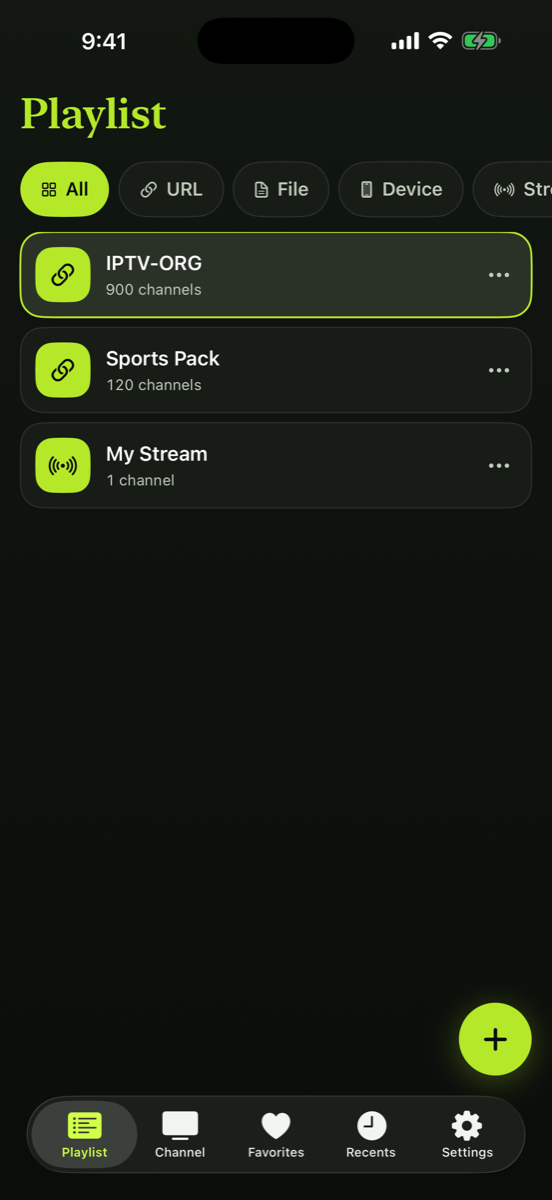 The Playlist tab listing several playlists with channel counts.