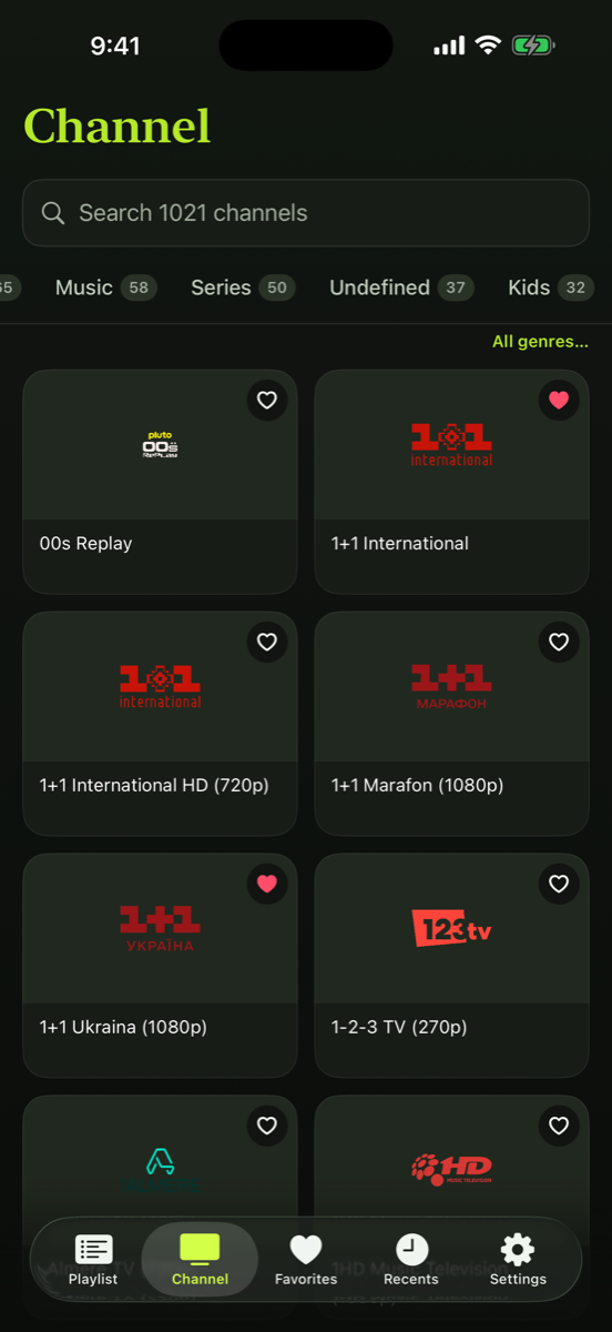The Favourites tab showing saved channels.